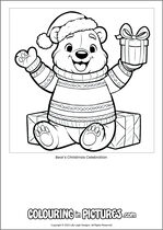 Free printable bear themed colouring page of a bear. Colour in Bear's Christmas Celebration.