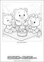 Free printable bear themed colouring page of a bear. Colour in Mary, Sue And Mum.