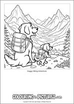 Free printable dog themed colouring page of a dog. Colour in Doggy Hiking Adventure.