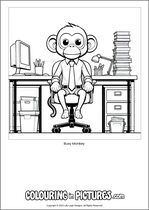 Free printable monkey themed colouring page of a monkey. Colour in Busy Monkey.