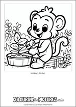 Free printable monkey themed colouring page of a monkey. Colour in Monkey's Garden.