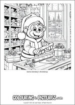 Free printable monkey colouring page. Colour in Santa Monkey's Workshop.