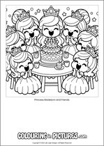 Free printable princess themed colouring page of a princess. Colour in Princess Madelynn and Friends.